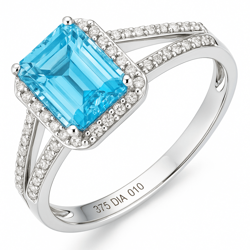 9ct White Gold Blue Topaz & Diamond Ring