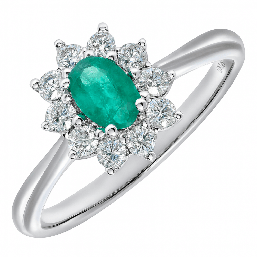 18ct White Gold 0.45ct Oval Emerald and 0.33ct  Diamond Cluster Ring