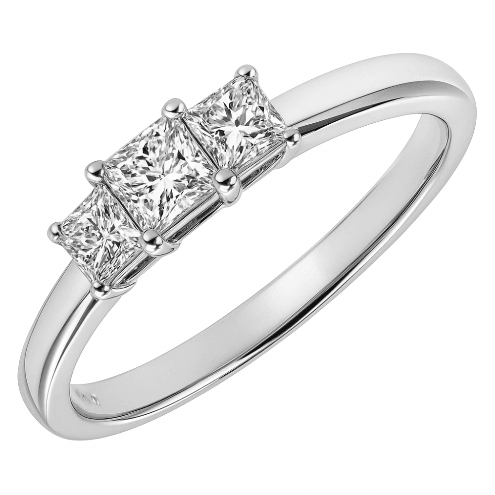 18ct White Gold Trilogy Ring, J/I Certified 0.33ct Diamonds, Princess Cut