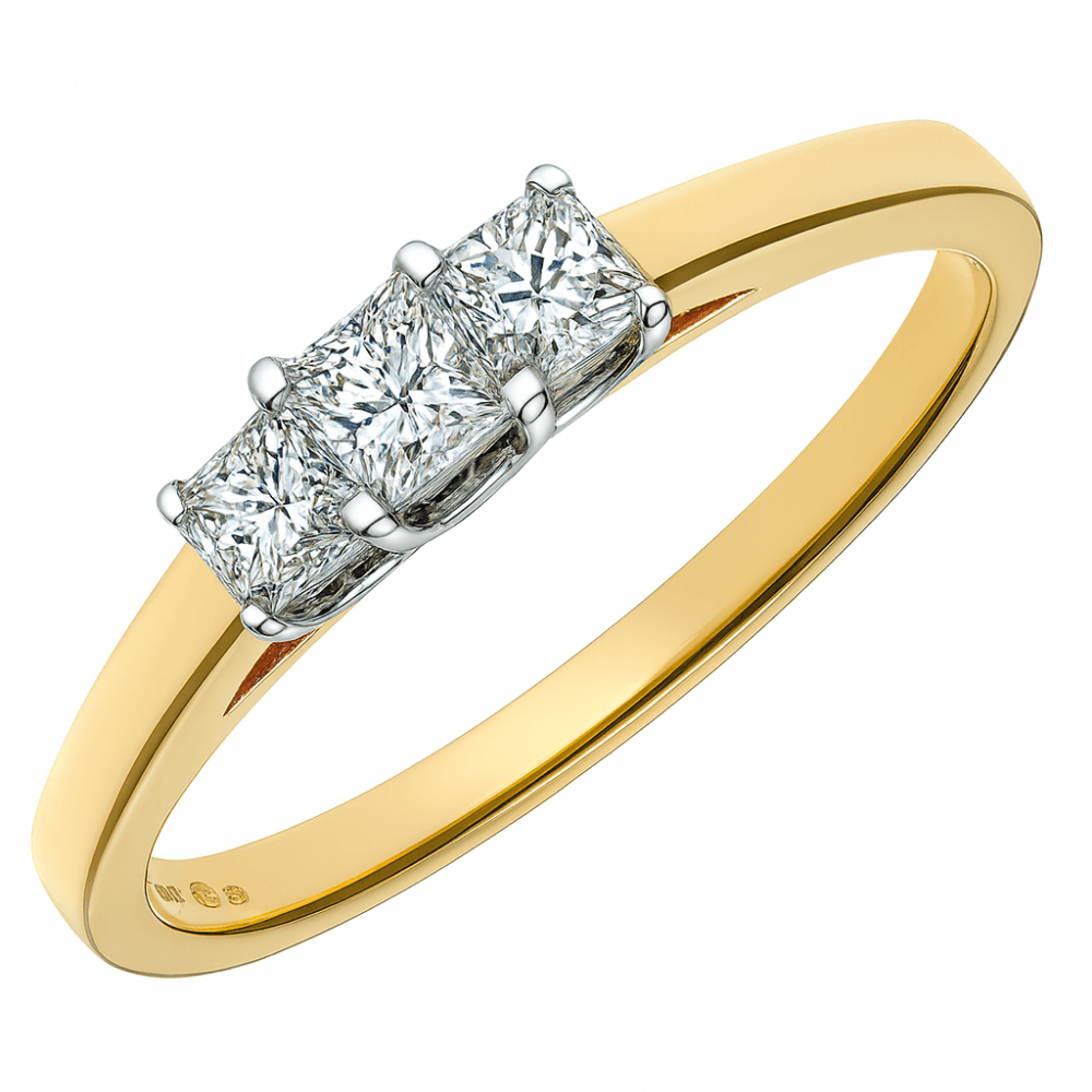 18ct Yellow Gold Trilogy Ring, J/I Certified 0.33ct Diamonds, Princess Cut