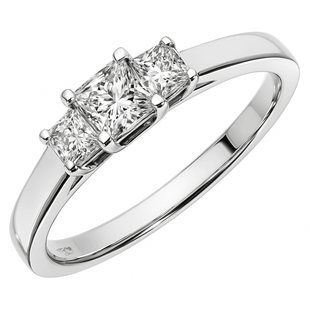 18ct White Gold Trilogy Ring, J/I Certified 0.50ct Diamonds, Princess Cut