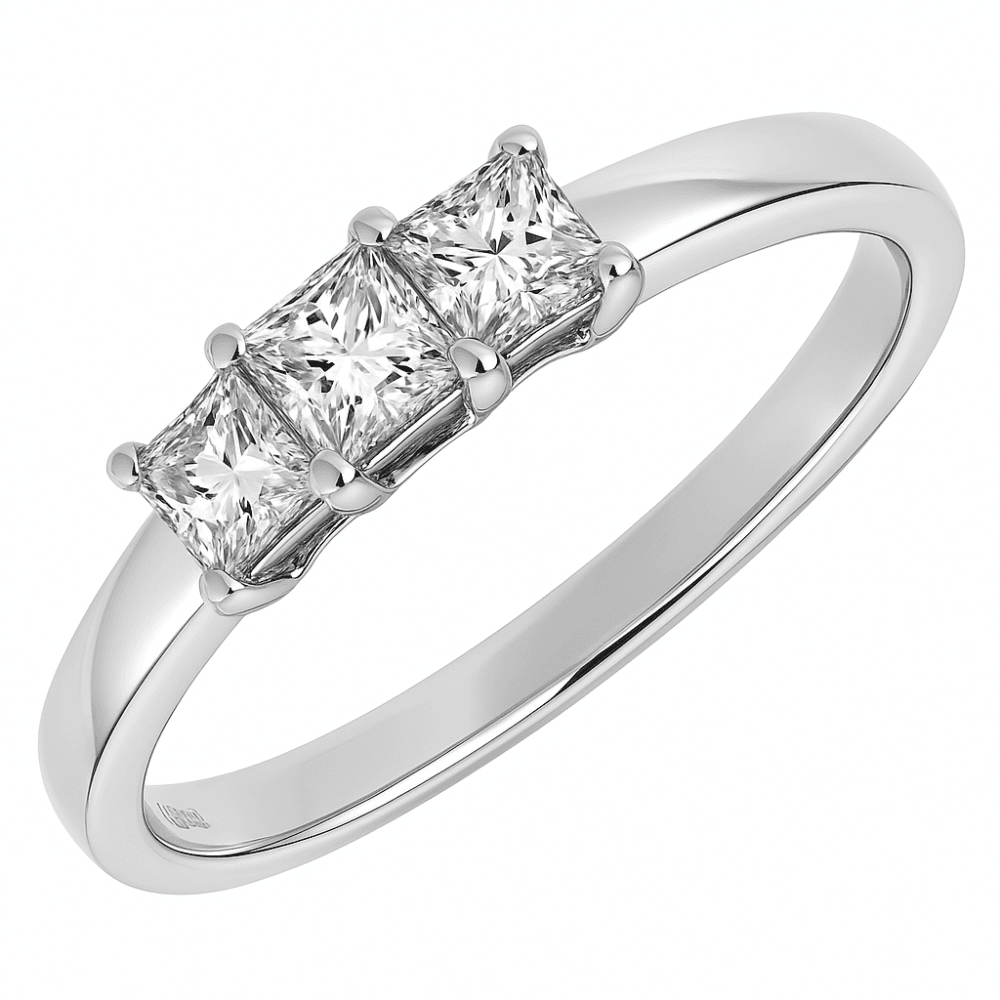 18ct White Gold Trilogy Ring, J/I Certified 0.75ct Diamonds, Princess Cut
