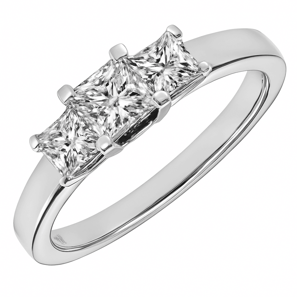 Platinum Trilogy Ring, J/I Certified 1ct Diamonds, Princess Cut