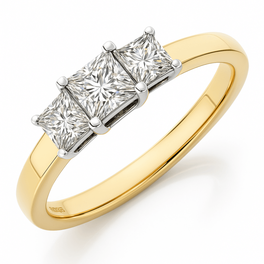 18ct Yellow Gold Trilogy Ring, J/I Certified 1ct Diamonds, Princess Cut