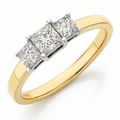 18ct Yellow Gold Trilogy Ring, J/I Certified 1ct Diamonds, Princess Cut
