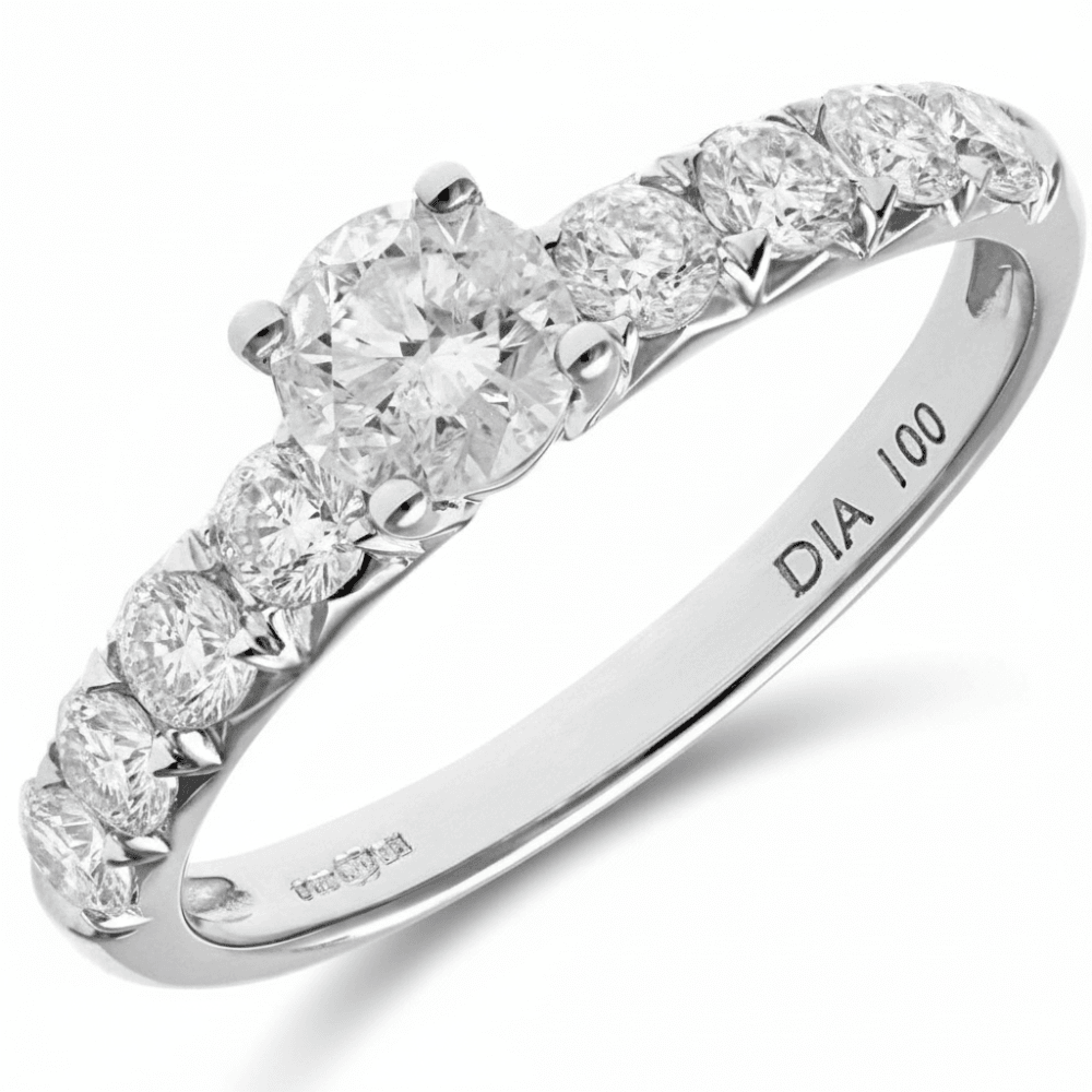 18ct White Gold Shoulder Set Engagement Ring, IJ/I Certified 1ct Diamonds, Round Brilliant