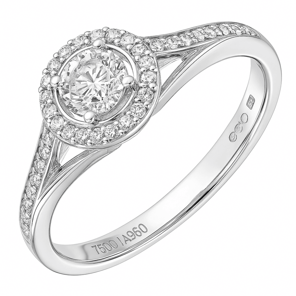 18ct White Gold Round Halo 0.60ct Diamond Solitaire Engagement Ring