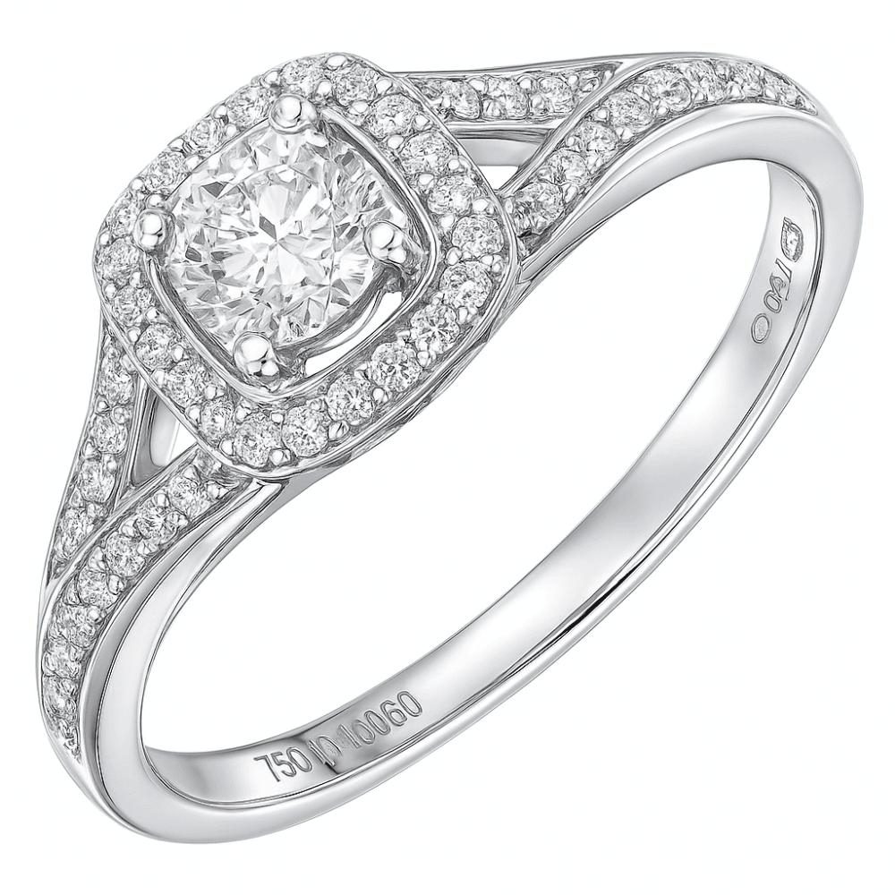18ct White Gold Square Halo 0.40ct Diamond Crossover Shoulder Engagement Ring