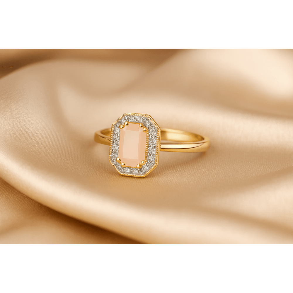 9ct Yellow Gold Octagon Pink Opal and 0.08ct Diamond Cluster Ring
