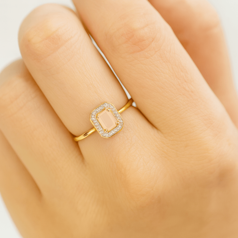 9ct Yellow Gold Octagon Pink Opal and 0.08ct Diamond Cluster Ring