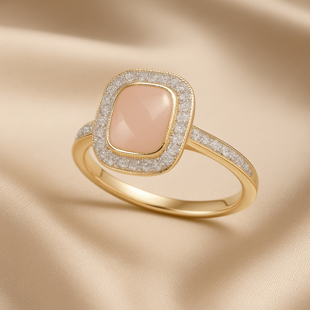 9ct Yellow Gold Cushion Pink Opal and 0.13ct Diamond Halo Ring