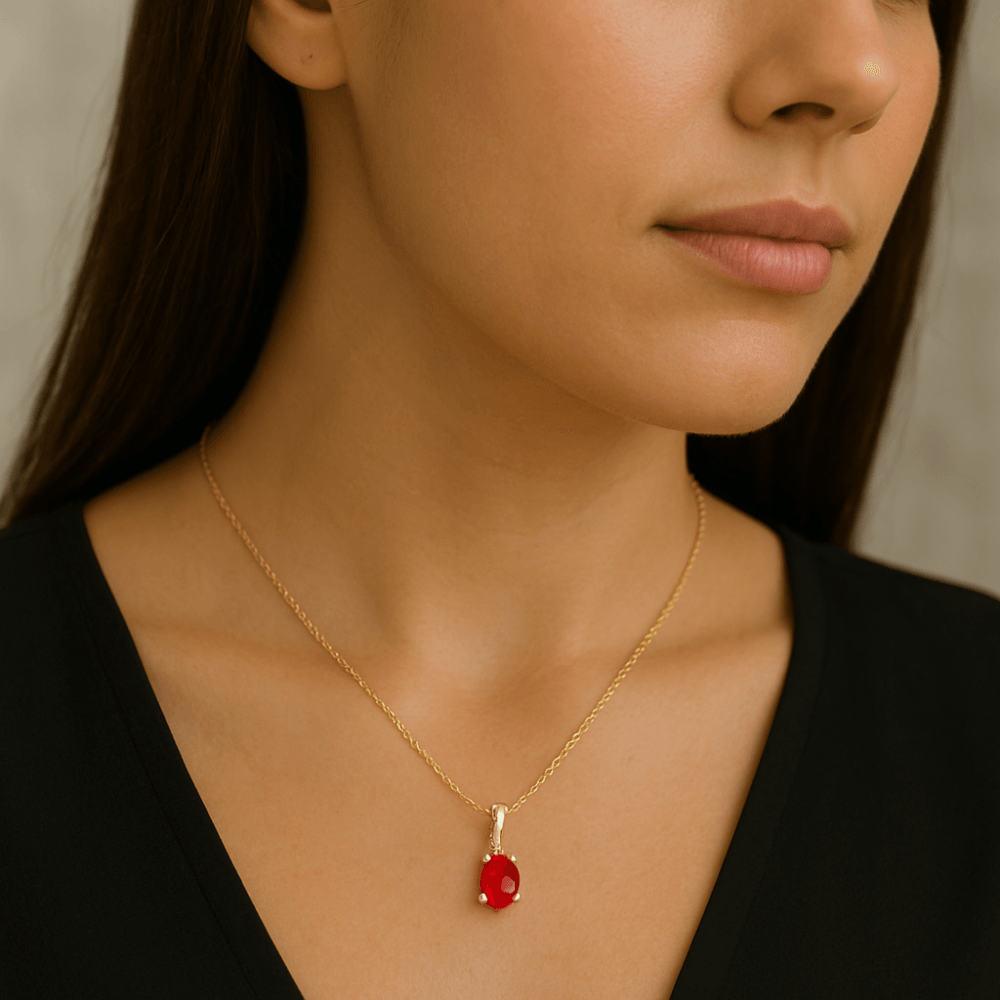 9ct Yellow Gold Oval CZ Ruby Solitaire Pendant Necklace