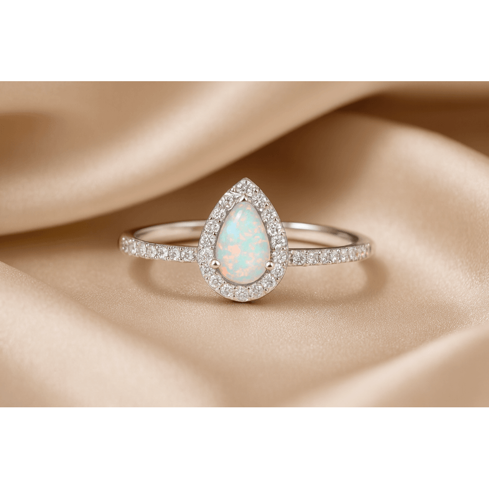 9ct White Gold Pear Opal and Diamond Teardrop Cluster Ring