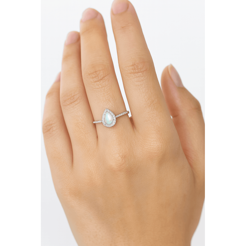 9ct White Gold Pear Opal and Diamond Teardrop Cluster Ring