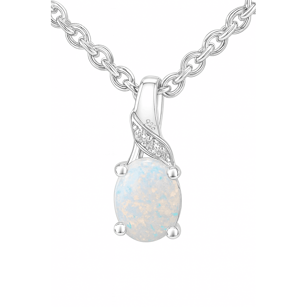 9ct White Gold Oval Opal and Diamond Pendant Necklace