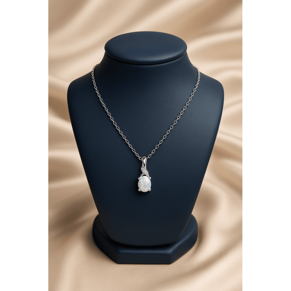 9ct White Gold Oval Opal and Diamond Pendant Necklace