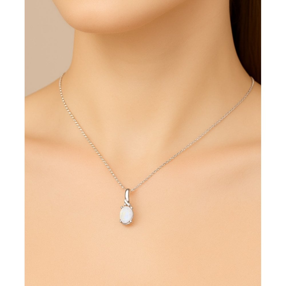 9ct White Gold Oval Opal and Diamond Pendant Necklace