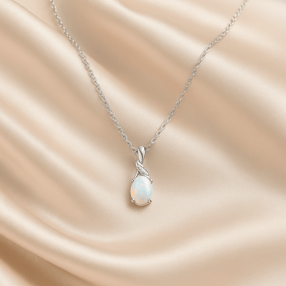 9ct White Gold Oval Opal and Diamond Pendant Necklace