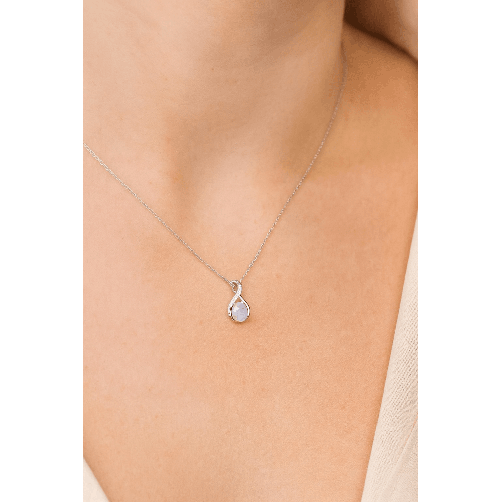 9ct White Gold Oval Opal and 0.05ct Diamond Crossover Pendant Necklace