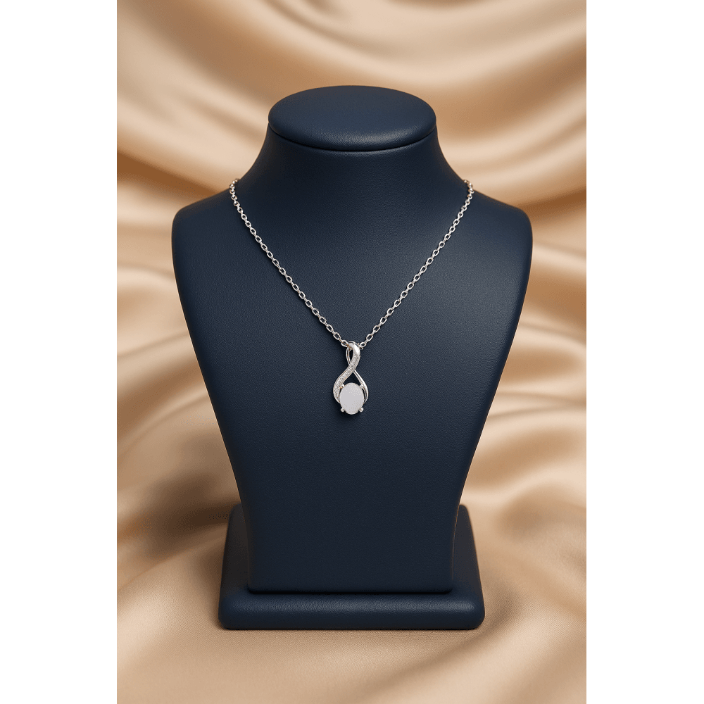 9ct White Gold Oval Opal and 0.05ct Diamond Crossover Pendant Necklace