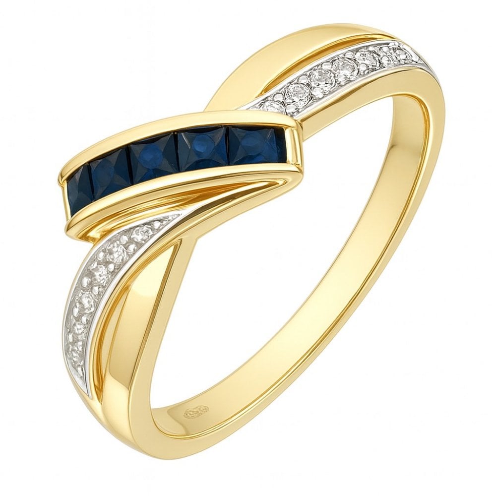 Blue Sapphire and Diamond Cocktail Bypass Ring 9ct Yellow Gold | Prime Jewellery