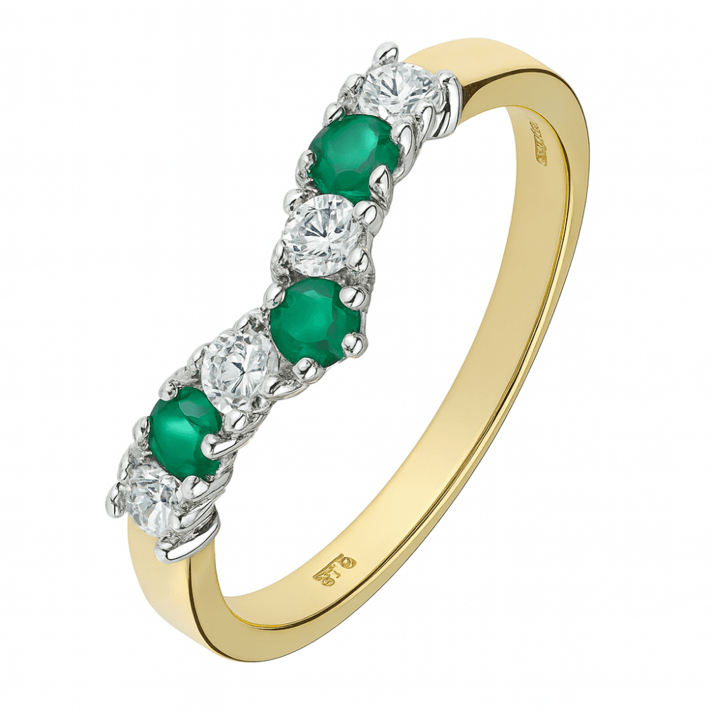 9ct Yellow and White Gold Emerald Ring in Wishbone Design