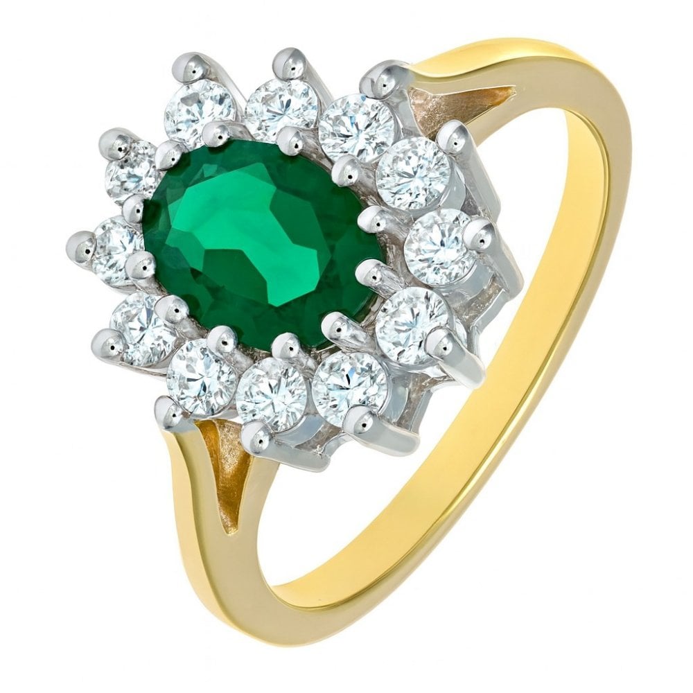 9ct Yellow Gold 2.05 ct Oval Emerald Halo Ring with Cubic Zirconia