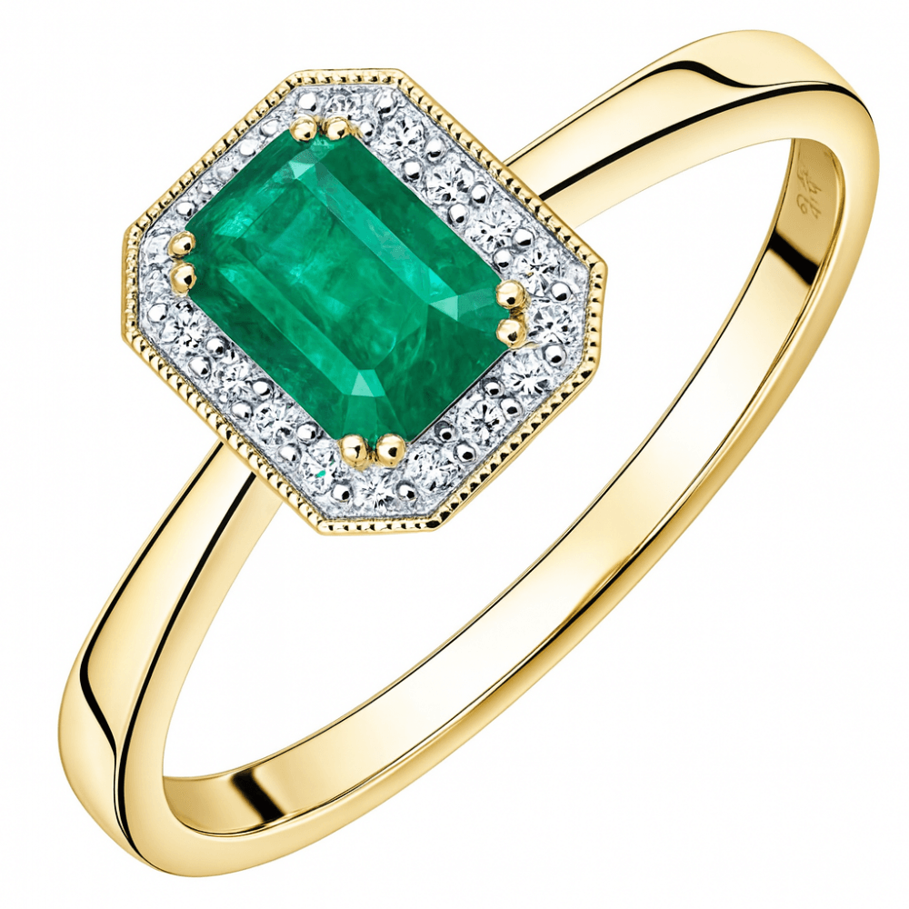 9ct Yellow Gold 0.60ct Octagon Emerald & Diamond Halo Ring