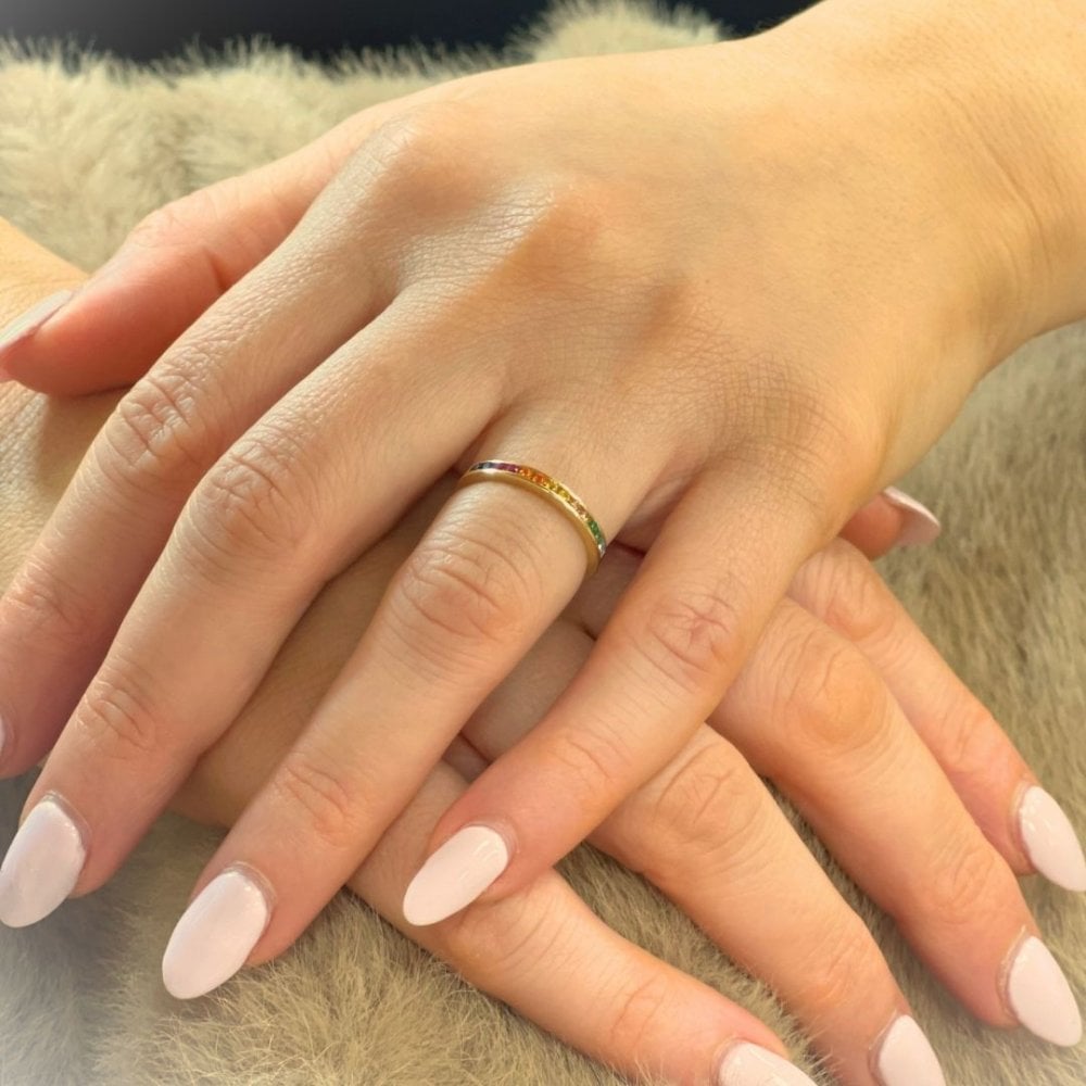 9ct Yellow Gold Rainbow Cubic Zirconia Channel Eternity Ring