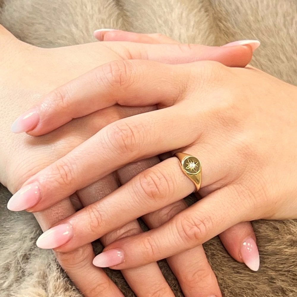 9ct Yellow Gold Oval Signet Ring with Star Set Cubic Zirconia Stone