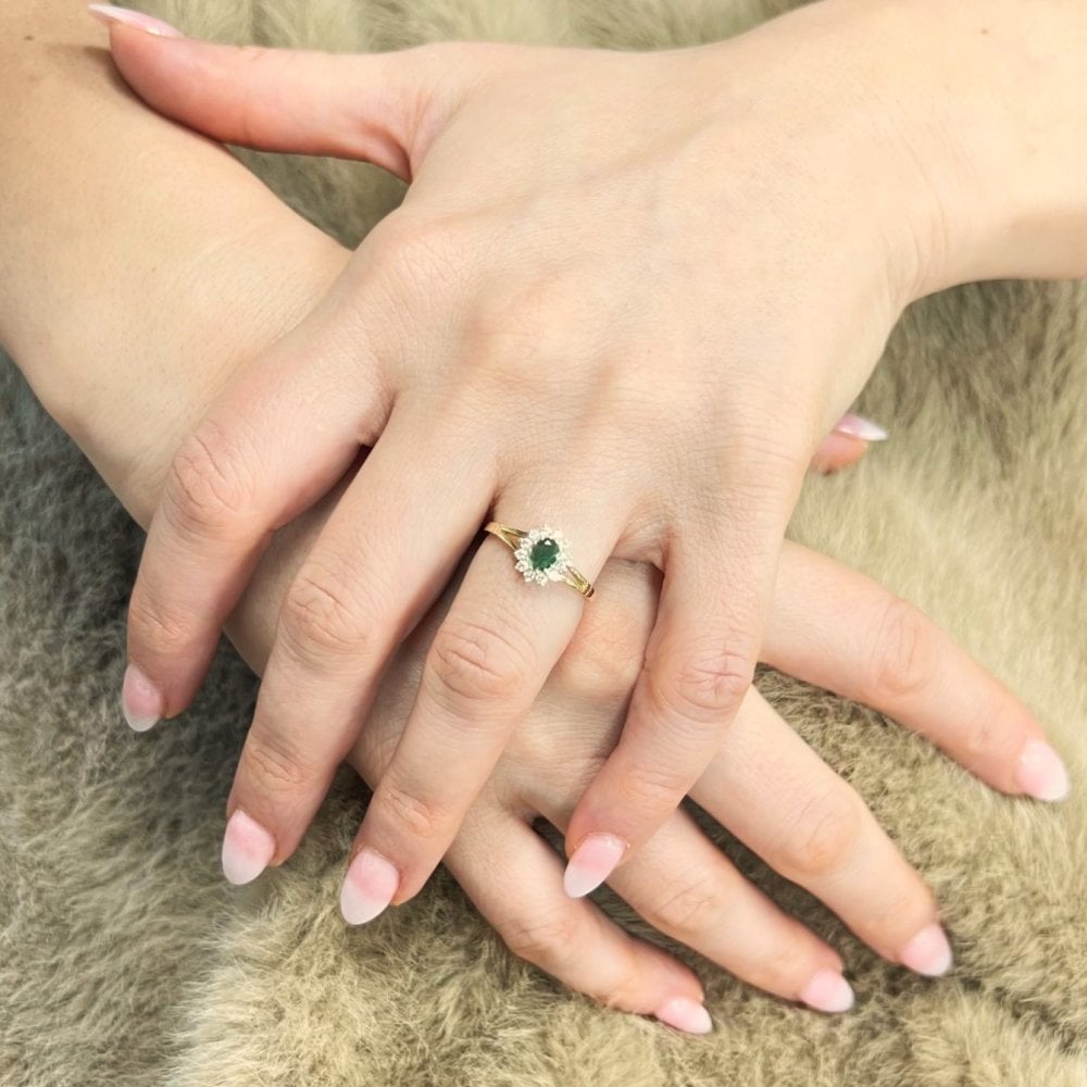 9ct Yellow and White Gold Emerald Ring in Cluster Design