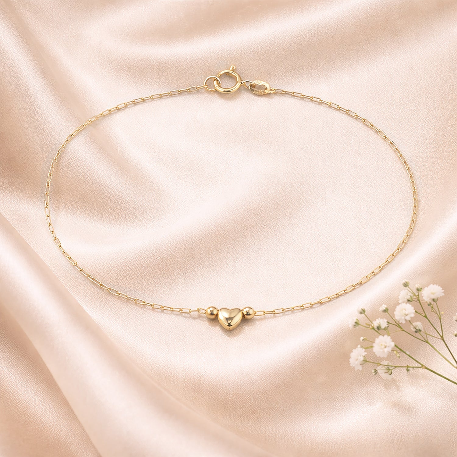 9ct Yellow Gold Heart and Beads on Paperclip Bracelet