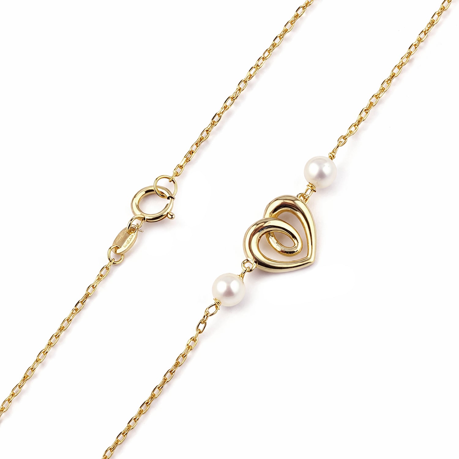 9ct Yellow Gold 7.5 Inch Heart and Pearl Bracelet