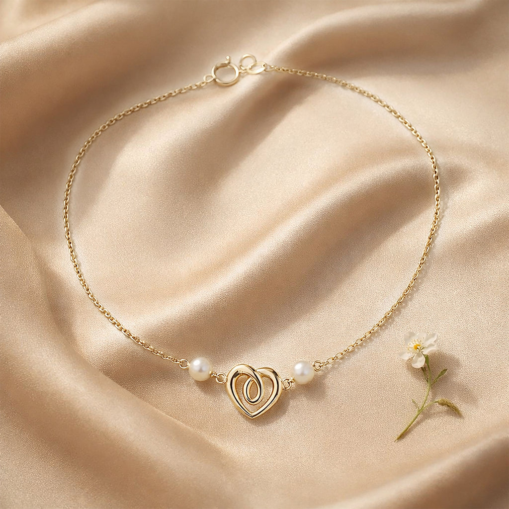 9ct Yellow Gold 7.5 Inch Heart and Pearl Bracelet