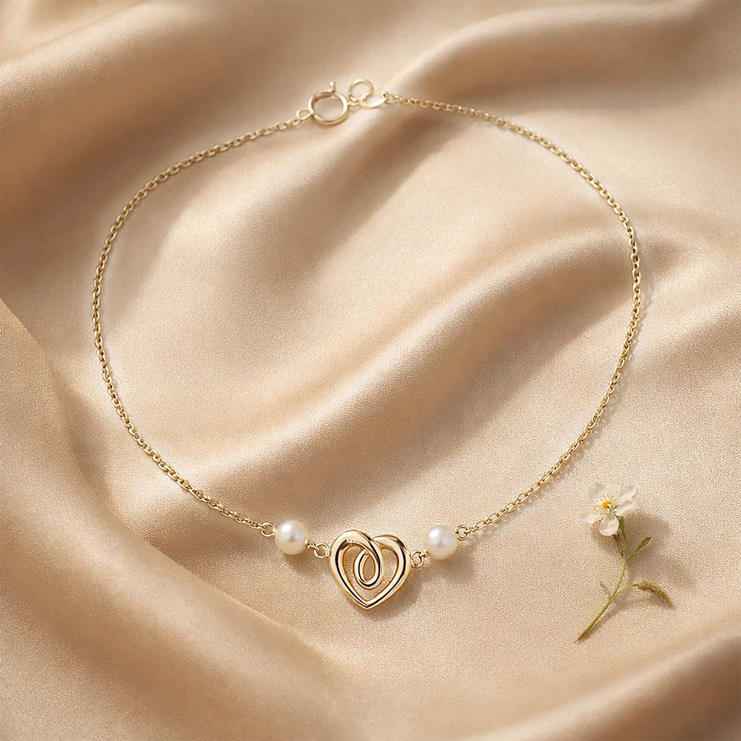 9ct Yellow Gold 7.5 Inch Heart and Pearl Bracelet