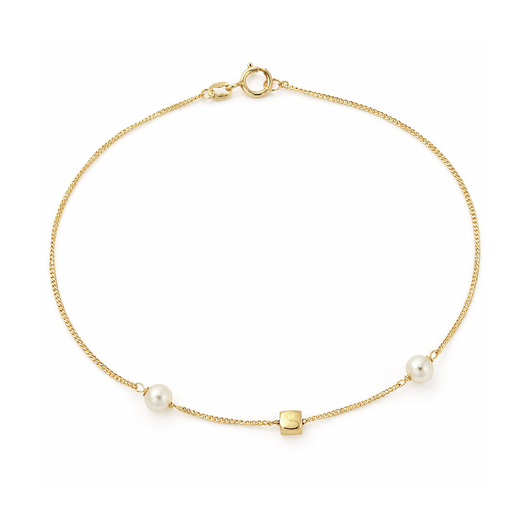 9ct Yellow Gold 7.5 Inch Cube and Pearl Bracelet