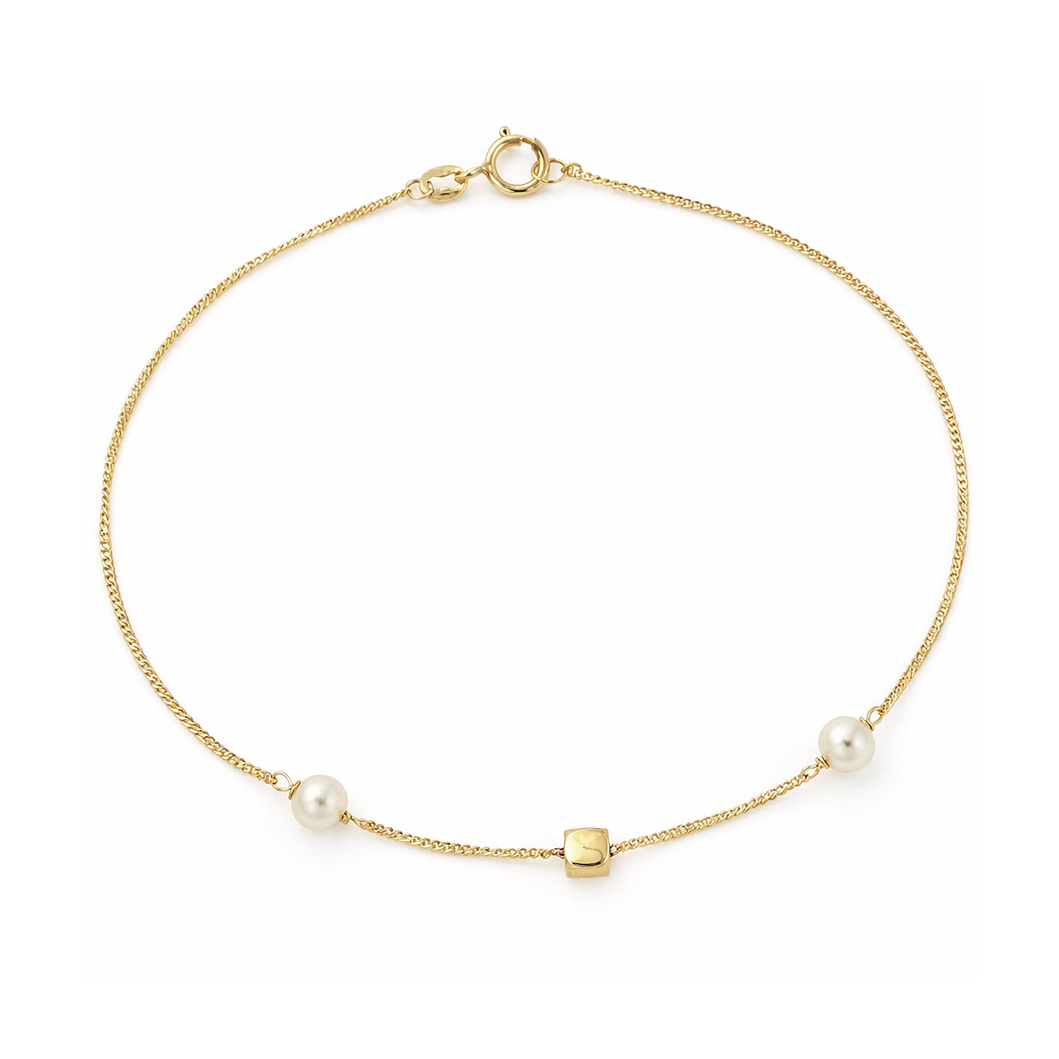 9ct Yellow Gold 7.5 Inch Cube and Pearl Bracelet