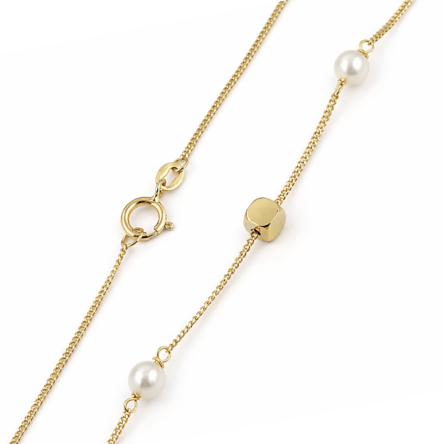9ct Yellow Gold 7.5 Inch Cube and Pearl Bracelet