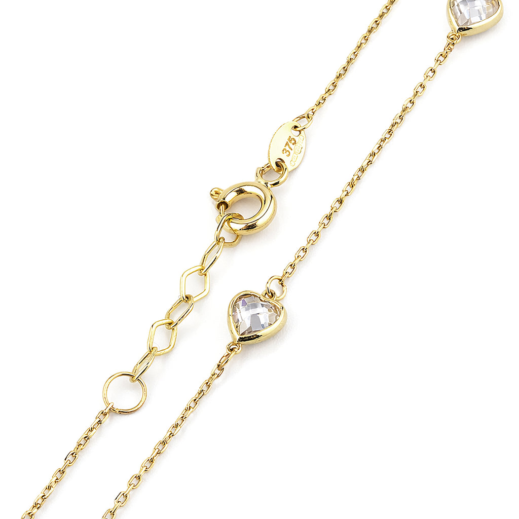9ct Yellow Gold Heart Trilogy Bracelet with Cubic Zirconia – Bezel Set Station Chain