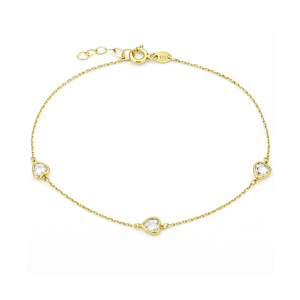 9ct Yellow Gold Heart Trilogy Bracelet with Cubic Zirconia – Bezel Set Station Chain
