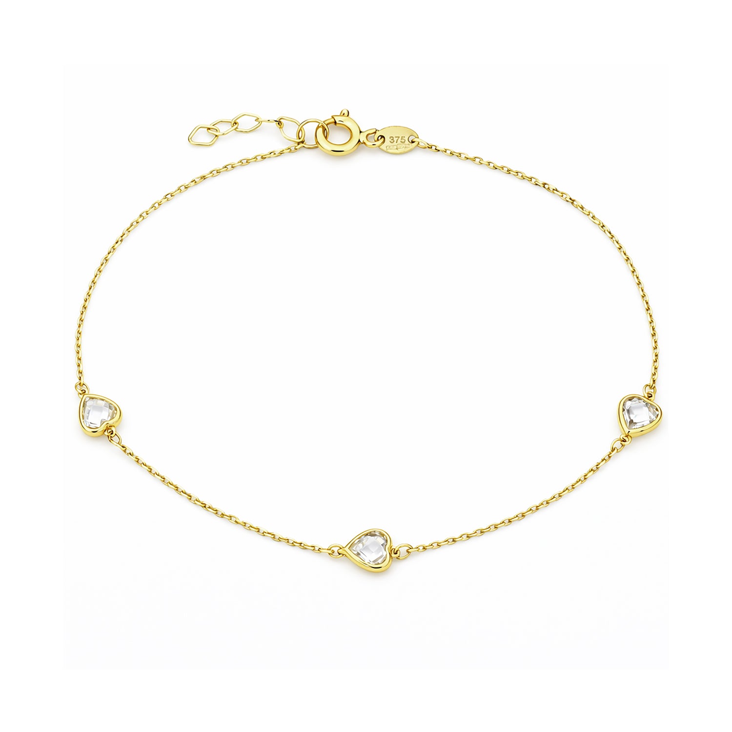 9ct Yellow Gold Heart Trilogy Bracelet with Cubic Zirconia – Bezel Set Station Chain