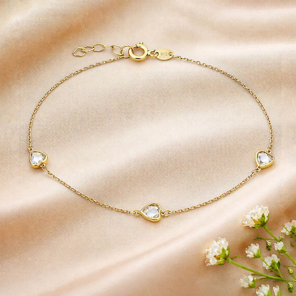 9ct Yellow Gold Heart Trilogy Bracelet with Cubic Zirconia – Bezel Set Station Chain