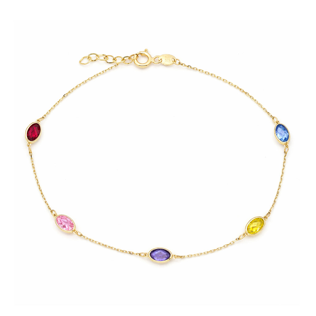 9ct Yellow Gold Multi Colour Oval Cubic Zirconia Station Bracelet
