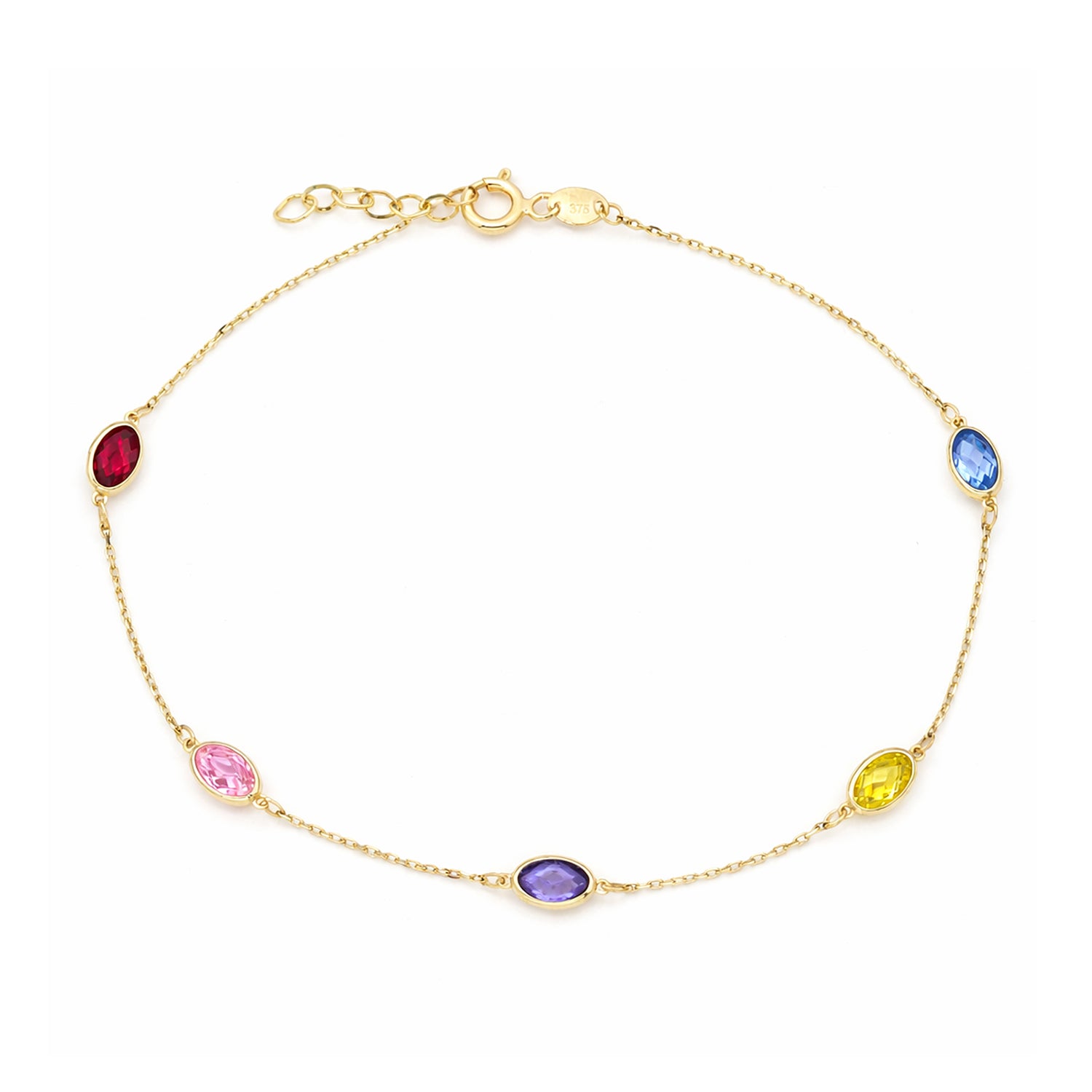 9ct Yellow Gold Multi Colour Oval Cubic Zirconia Station Bracelet