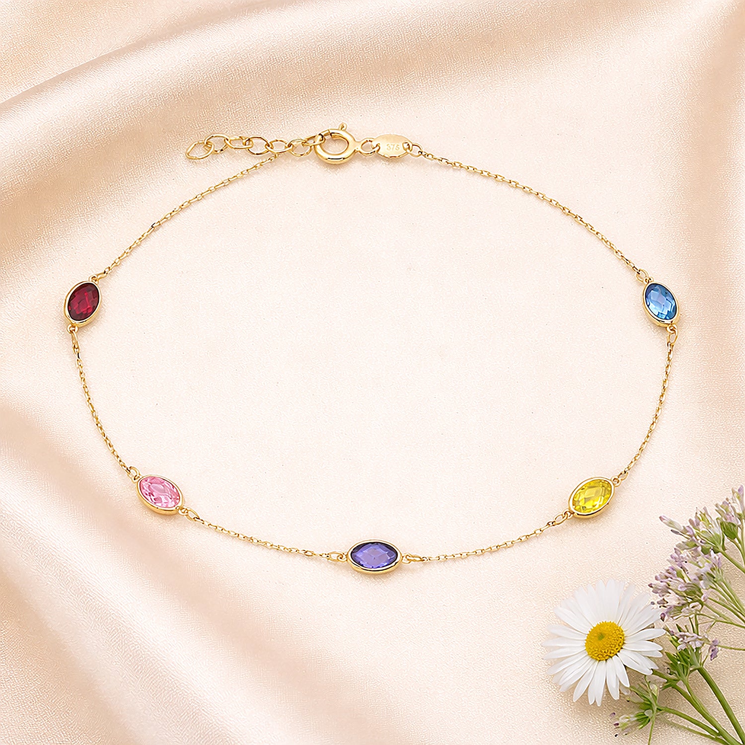 9ct Yellow Gold Multi Colour Oval Cubic Zirconia Station Bracelet