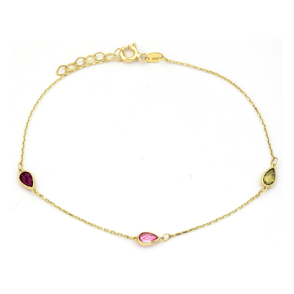 9ct Yellow Gold Multi Colour Pear Cubic Zirconia Station Bracelet