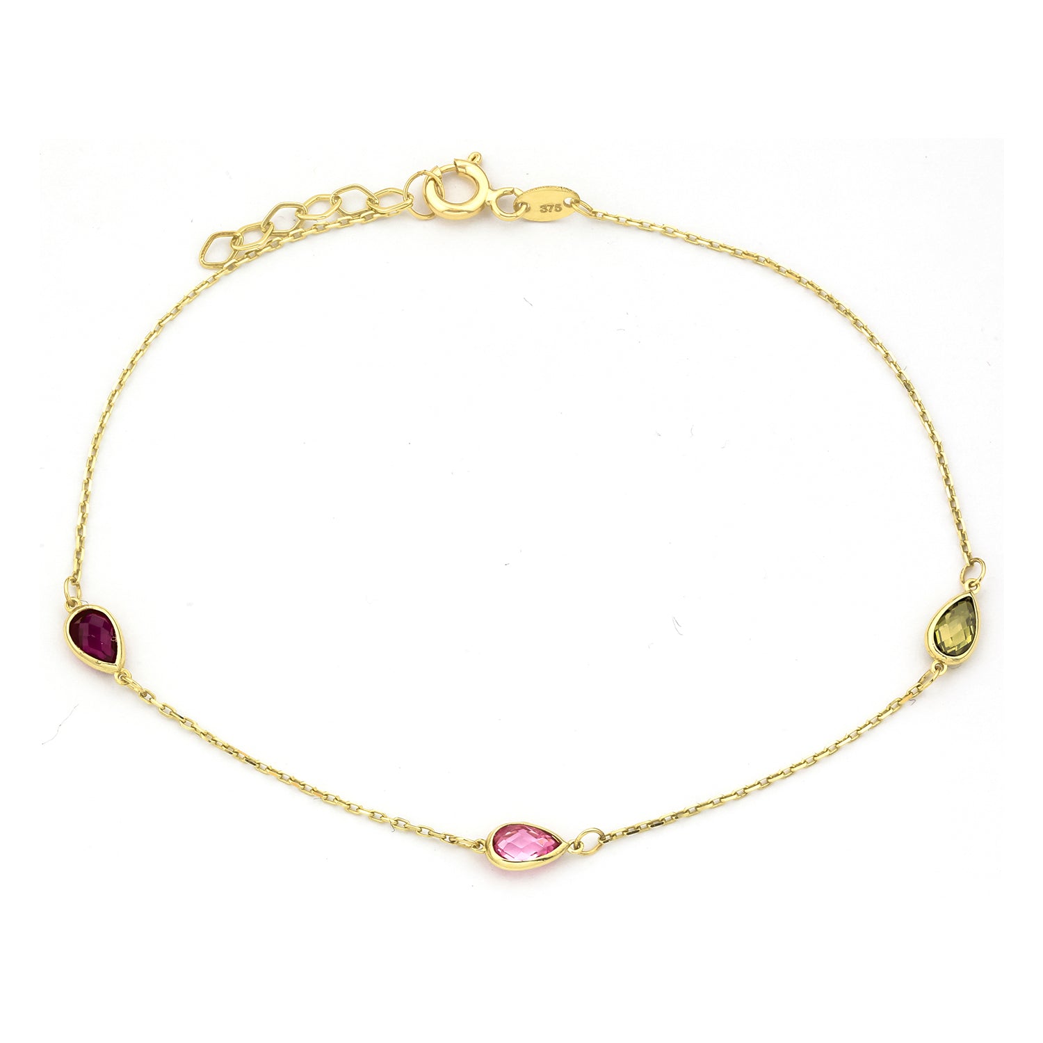 9ct Yellow Gold Multi Colour Pear Cubic Zirconia Station Bracelet