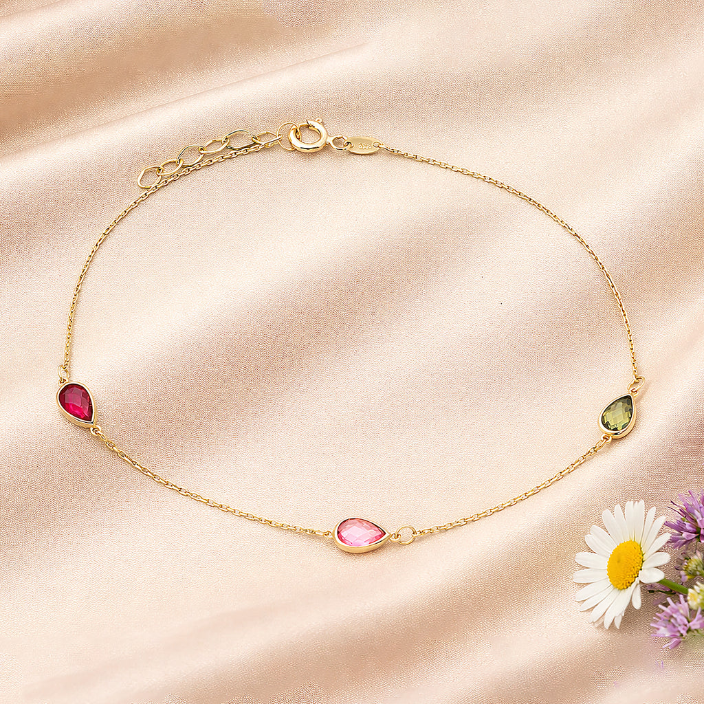 9ct Yellow Gold Multi Colour Pear Cubic Zirconia Station Bracelet