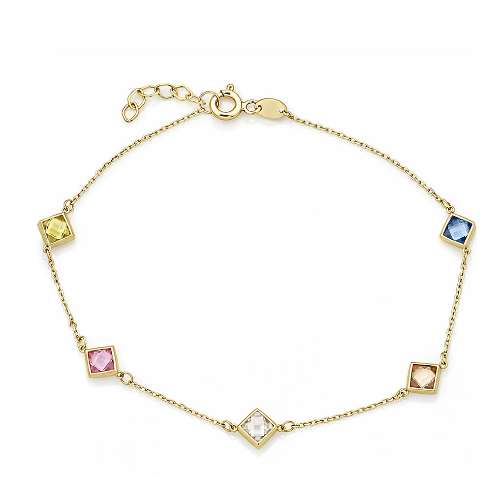 9ct Yellow Gold Multi Colour Cushion Cut Cubic Zirconia Station Bracelet