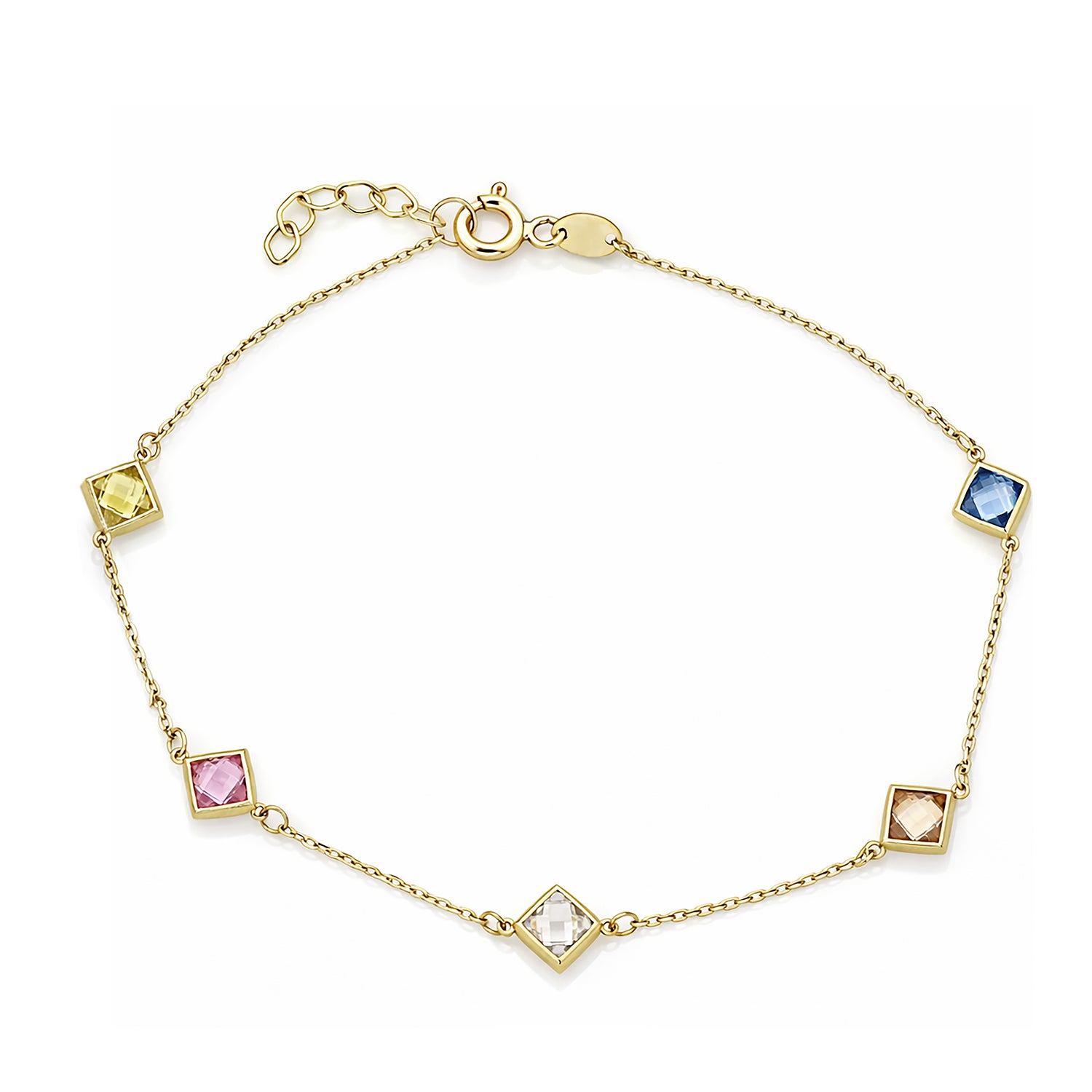 9ct Yellow Gold Multi Colour Cushion Cut Cubic Zirconia Station Bracelet